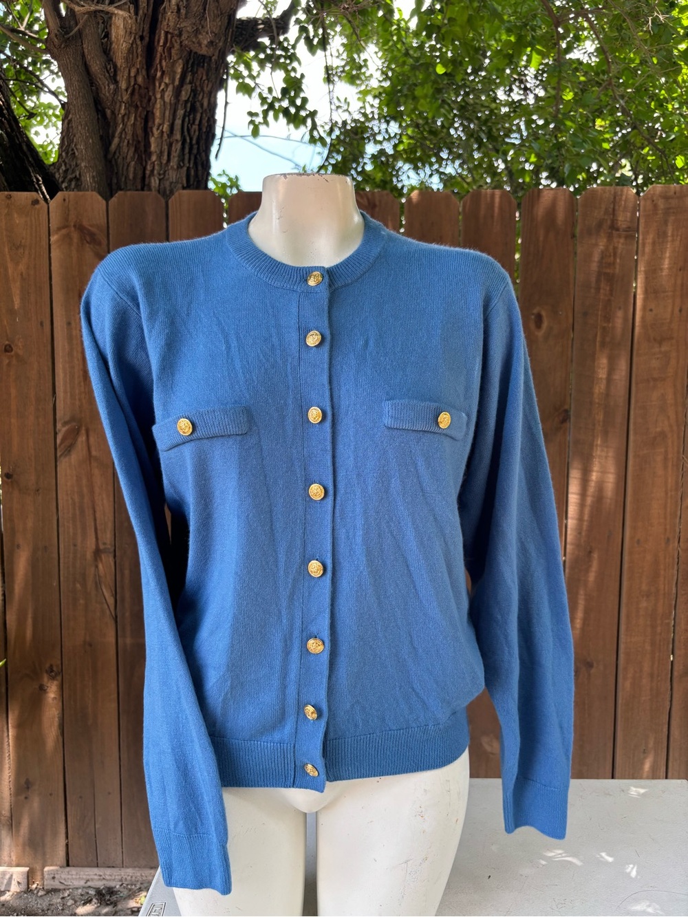 90s Vintage Kerri & Kelsey Blue cardigan sweater with gold tone buttons.